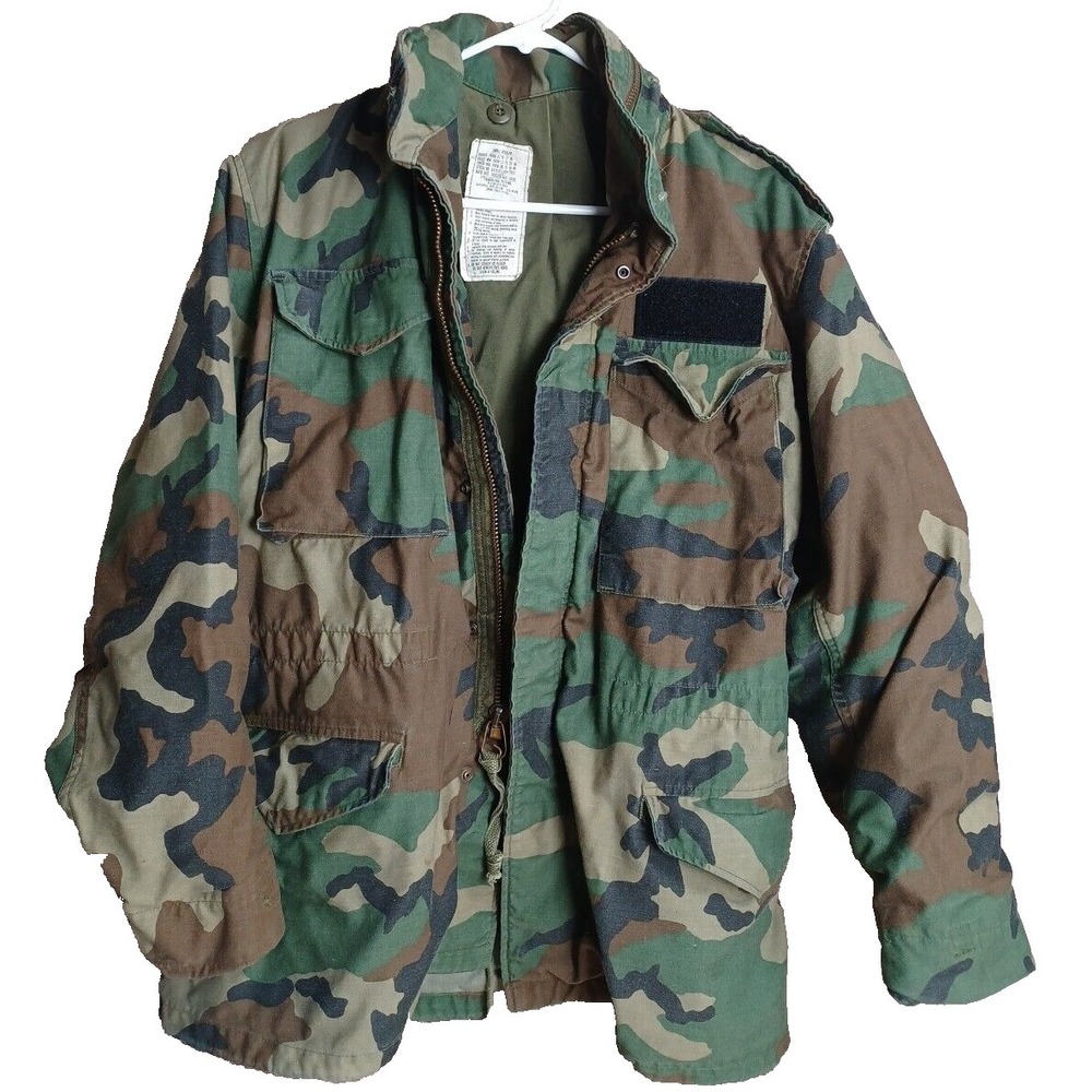 US VTG Army Military Hooded Cold Weather Field Jacket Coat Camouflage Sz S Reg